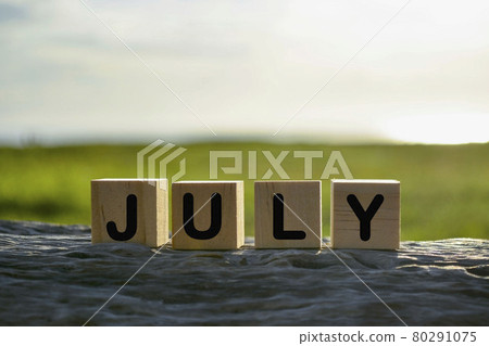 July text on wooden cube block on old tree stump with blurred background of green grass ocean and sunset 80291075