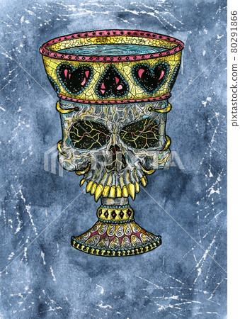 Styled watercolor illustration of creepy skull as a cup against blue background. Mystic drawing for Halloween with esoteric, gothic, occult concept Styled watercolor illustration of creepy skull as a cup against blue background. Mystic drawing for Halloween with esoteric, gothic, occult concept 80291866