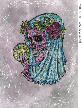 Styled watercolor illustration of creepy skull as a bride holding steal against grey background. Mystic drawing for Halloween with esoteric, gothic, occult concept Styled watercolor illustration of creepy skull as a bride holding steal against grey background. Mystic drawing for Halloween with esoteric, gothic, occult concept 80291867