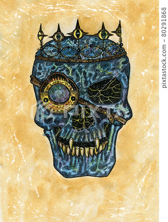 Styled watercolor illustration of creepy skull wearing crown against yellow background. Mystic drawing for Halloween with esoteric, gothic, occult concept Styled watercolor illustration of creepy skull wearing crown against yellow background. Mystic drawing for Halloween with esoteric, gothic, occult concept 80291868