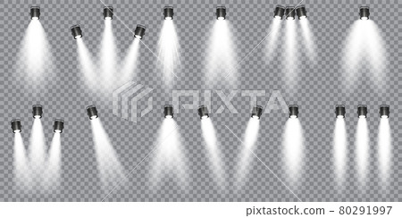 Illuminated studio spotlights collection. Bright light beam. Transparent realistic effect. Stage 80291997