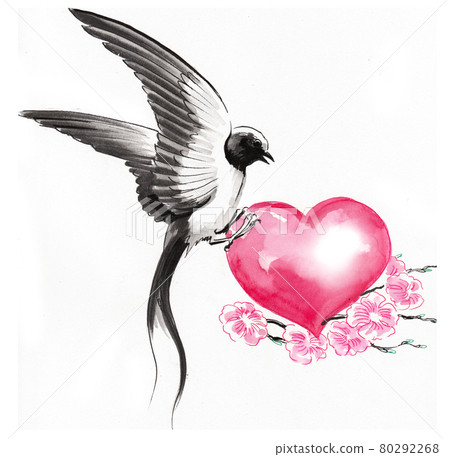 Swallow bird and pink heart. Ink and watercolor drawing Swallow bird and pink heart. Ink and watercolor drawing 80292268