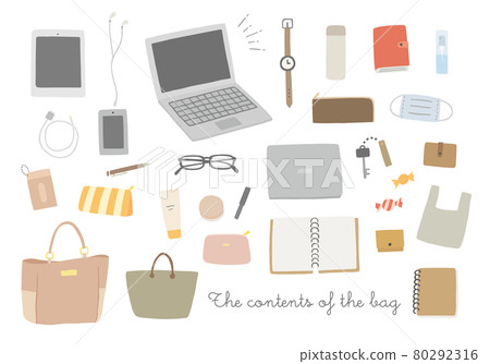 Hand-drawn illustrations of the contents of the bag (no color / outline) 80292316