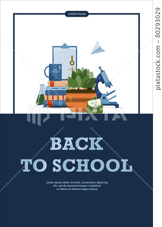 Back to school. Advertising banner, sale, online store, web. Stationery for school, university and office. Cartoon school supplies. Flat illustrations for elementary school. Bright cut out cliparts 80293029