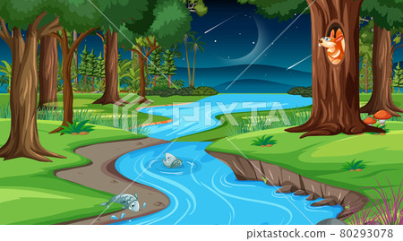 River through the forest scene at night 80293078