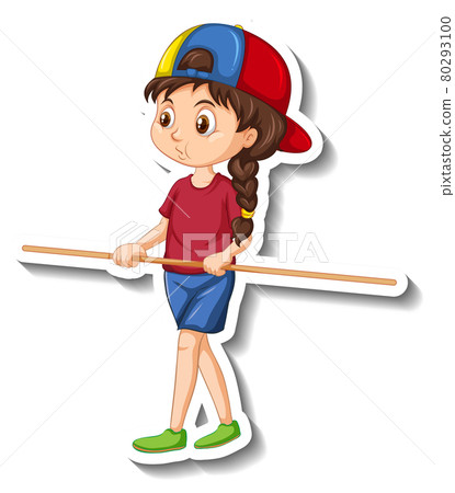 Cartoon character sticker with a girl holding wooden stick Cartoon character sticker with a girl holding wooden stick 80293100