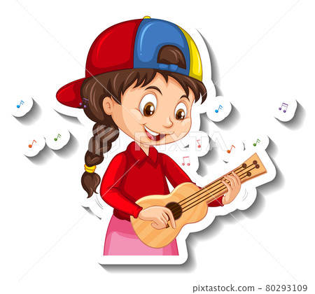 Cartoon character sticker with a girl playing ukulele Cartoon character sticker with a girl playing ukulele 80293109