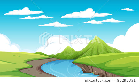 River flowing through the meadow landscape scene 80293351
