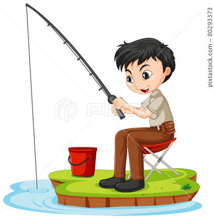 A girl cartoon character sitting and fishing on white background A girl cartoon character sitting and fishing on white background 80293373