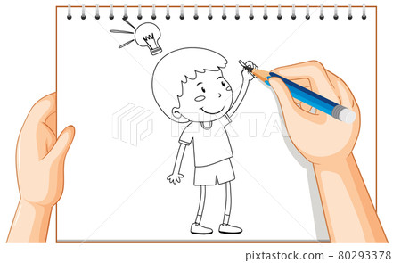 Hand drawing of kid with idea lamp outline 80293378
