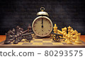 Chess and cannon are facing each other on chessboard with alarm clock in between them and smoke floating in the air and dark brick background. The concept of time in business battles. 80293575