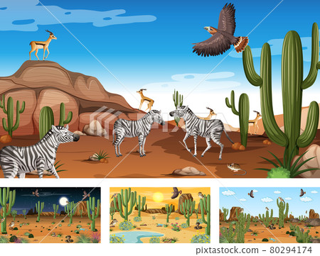 Different scenes with desert forest landscape with animals and plants 80294174