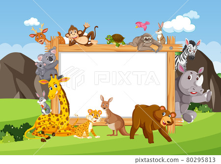 Empty wooden frame with various wild animals in... - Stock Illustration ...