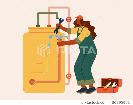 Female plumber repairing water tank Female plumber repairing water tank 80295961