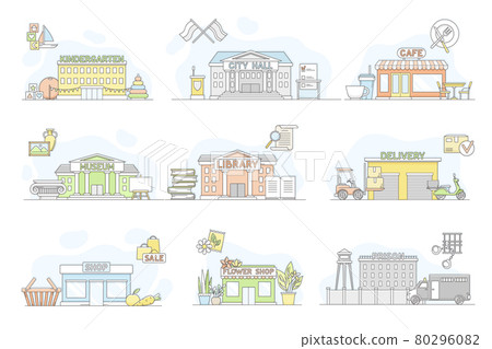 Municipal Services or City Services for Citizens with Library and City Hall Department Vector Set 80296082