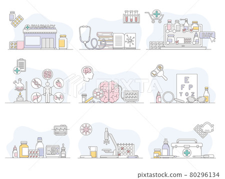 Medicine as Health Care Practice for Prevention and Treatment of Illness Line Vector Set Medicine as Health Care Practice for Prevention and Treatment of Illness Line Vector Set 80296134