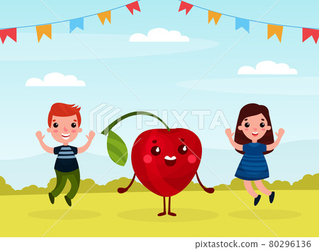 Little Boy and Girl Playing with Funny Humanized Cherry on Green Lawn Vector Illustration 80296136