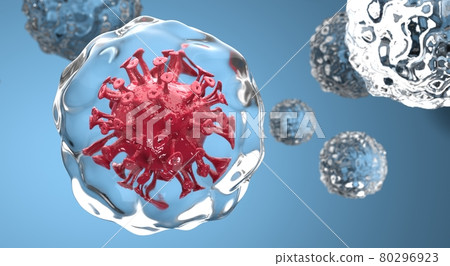 Embryonic stem cell, cancer or coronavirus COVID-19. Red bacteria or virus in clear liquid sphere or mucus on blue background. Medical research banner with microscopic image. Realistic 3d illustration 80296923