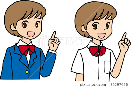 穿著校服的女孩笑著指著手指(夏裝和冬裝) 穿著校服的女孩笑著指著手指(夏裝和冬裝) 80297656