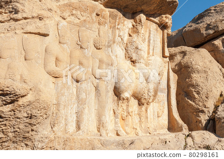 Naqsh Rajab, Naqsh-e Rajab, archaeological site of four limestone rockface inscriptions and bas-reliefs that date to the early Sassanid era, located about 12 km north of Persepolis. Naqsh Rajab, Naqsh-e Rajab, archaeological site of four limestone rockface inscriptions and bas-reliefs that date to the early Sassanid era, located about 12 km north of Persepolis. 80298161