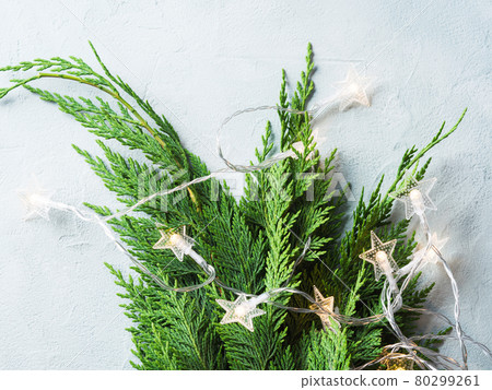 Green fir tree branches with star shape Christmas lights on pastel blue background 80299261