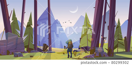 Traveler at forest with mountains view at morning Traveler at forest with mountains view at morning 80299302
