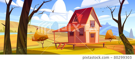 Cottage in autumn forest landscape, wooden house 80299303