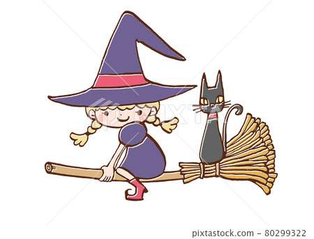 女巫和黑貓在掃帚上的插圖 80299322