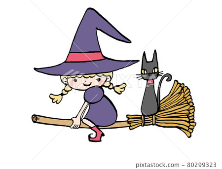 Illustration of a witch and a black cat on a broom 80299323