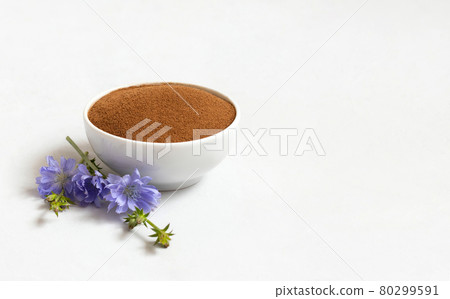 Chicory root powder and blue chicory flower on a white background. Natural coffee substitute. Cichorium intybus. Copy space Chicory root powder and blue chicory flower on a white background. Natural coffee substitute. Cichorium intybus. Copy space 80299591