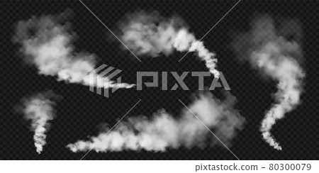 Realistic smoke clouds. Stream of smoke from burning objects. Transparent fog effect. White steam Realistic smoke clouds. Stream of smoke from burning objects. Transparent fog effect. White steam 80300079