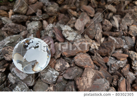 Image of glass globe and ground of wood pieces SDGs environmental protection etc. 80302305