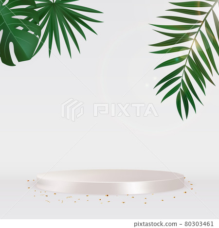 White Podium with golden confetti and palm. Vector Illustration White Podium with golden confetti and palm. Vector Illustration 80303461