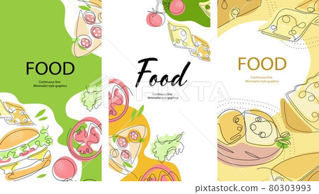 A set of backgrounds with images of food. Burgers, cheese and pizza. Social media templates. 80303993