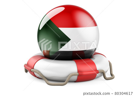 Lifebelt with Sudanese flag. Safe, help and protect of Sudan concept. 3D rendering 80304617