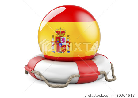 Lifebelt with Spanish flag. Safe, help and protect of Spain concept. 3D rendering 80304618