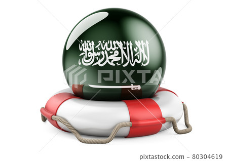 Lifebelt with Saudi Arabian flag. Safe, help and protect of Saudi Arabia concept. 3D rendering 80304619