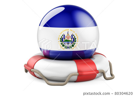 Lifebelt with Salvadoran flag. Safe, help and protect of El Salvador concept. 3D rendering 80304620