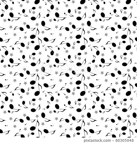 Black musical notes and gray stars are randomly scattered over a white background. 80305048