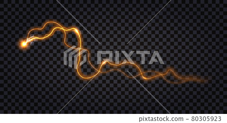 Electric discharge effect. Lightning thunder bolt, electrical shock light impulse. Luminous burst flash and sparkled wires. Isolated on transparent background. Vector illustration 80305923