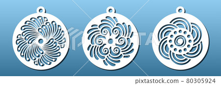 Laser cut templates. Christmas balls, New Year decorative elements, pendants or keychain. Cnc cutting with metal, wood, leather, resin, paper art, fretwork stencil. Vector illustration Laser cut templates. Christmas balls, New Year decorative elements, pendants or keychain. Cnc cutting with metal, wood, leather, resin, paper art, fretwork stencil. Vector illustration 80305924