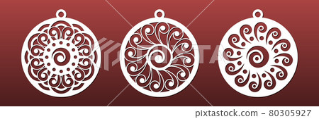Laser cut mandala set. Christmas balls, coasters, pendants. CNC cutting stencil for diy craft, paper art, fretwork. Abstract geometric pattern in China style. Vector illustration 80305927