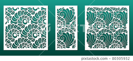 Laser cnc cut panels with abstract geometric pattern. Cutting stencil for diy craft, home decor, room divider screens, paper art, card background.  Modern ornament with spiral seashells. Vector 80305932