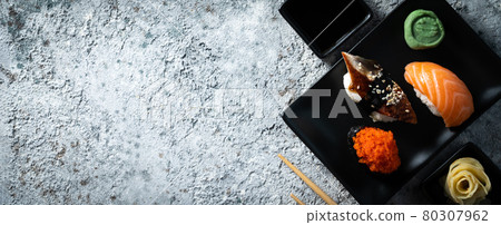 Selection of sushi on rustic background, copy space Selection of sushi on rustic background, copy space 80307962