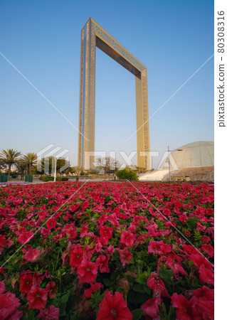 Dubai, United Arab Emirates, February 16th, 2021: Dubai Frame building at sunset 80308316