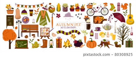 Big vector autumn set. Cartoon cliparts. Template backgrounds with pupmkin pie, hot spiced tea and autumn leaves. Flat design illustration Big vector autumn set. Cartoon cliparts. Template backgrounds with pupmkin pie, hot spiced tea and autumn leaves. Flat design illustration 80308925