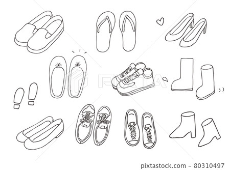 Hand-drawn illustrations of various shoes (monochrome) 80310497