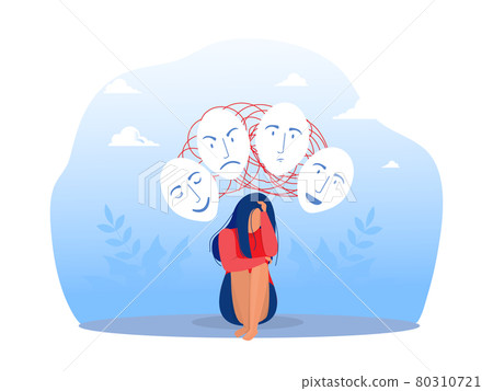 Imposter syndrome, masks with happy or sad expressions.Bipolar disorder, fake faces and emotions. Psychology, false behavior or deceiver.vector illustrator 80310721