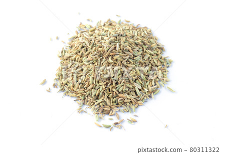 Pile of fennel seeds isolated on white background 80311322