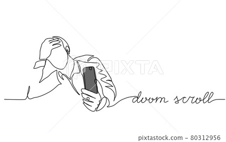 Doom scroll, doomscrolling vector illustration. One line drawing art illustration with lettering doom scroll Doom scroll, doomscrolling vector illustration. One line drawing art illustration with lettering doom scroll 80312956